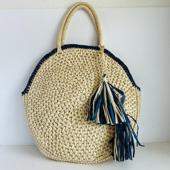 Mark & Graham Handbags - Mark & Graham Cream Paper Wicker Large Round Fringe Tassel Beach Summer Tote Bag